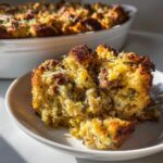 Close-up of a moist, golden piece of sausage stuffing on a white plate with a fork taking a bite.