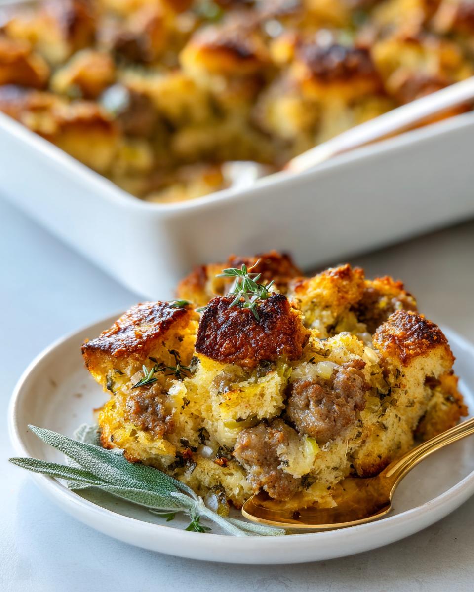 Close-up of a serving of moist sausage stuffing on a white plate, garnished with fresh sage.