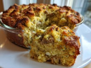 A close-up of a moist serving of homemade sausage stuffing, baked golden brown in a glass dish.
