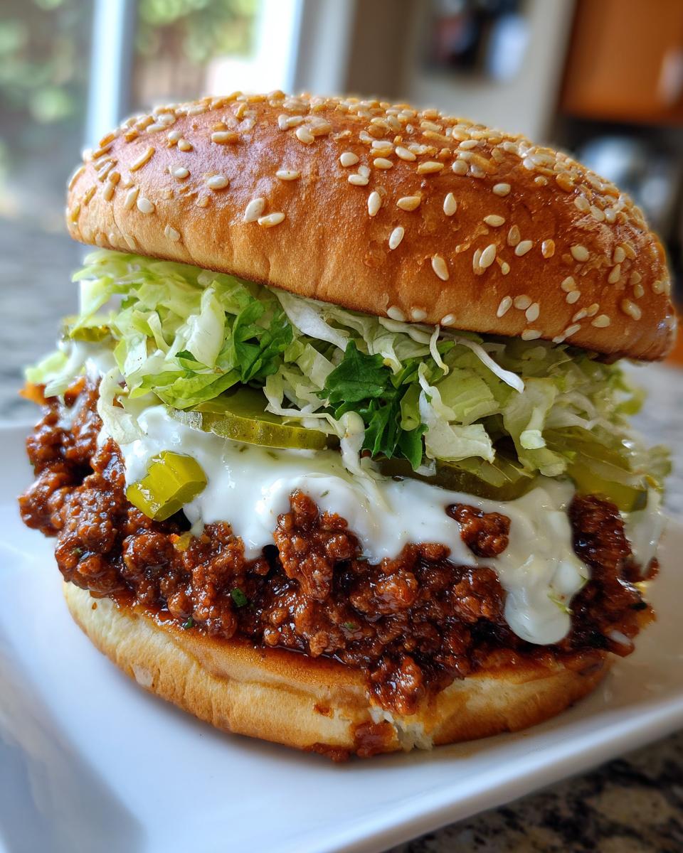 Close-up of a fully assembled big mac sloppy joes featuring ground meat sauce, white sauce, pickles, and shredded lettuce on a sesame bun.