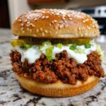 A close-up of a delicious big mac sloppy joes sandwich piled high with seasoned meat, white sauce, lettuce, and pickles on a sesame seed bun.