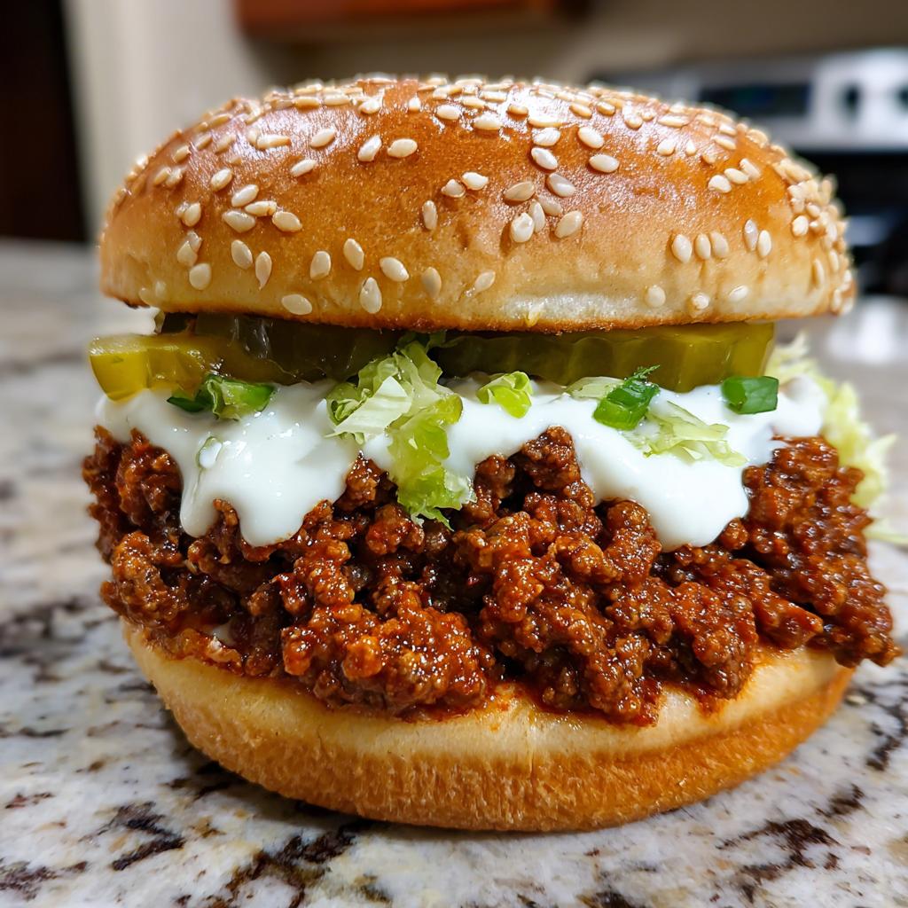 A close-up of a delicious big mac sloppy joes sandwich piled high with seasoned meat, white sauce, lettuce, and pickles on a sesame seed bun.