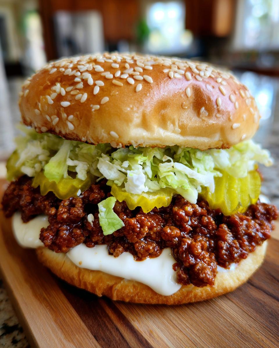 A fully assembled big mac sloppy joes sandwich featuring a sesame seed bun, meat sauce, special sauce, lettuce, and pickles.