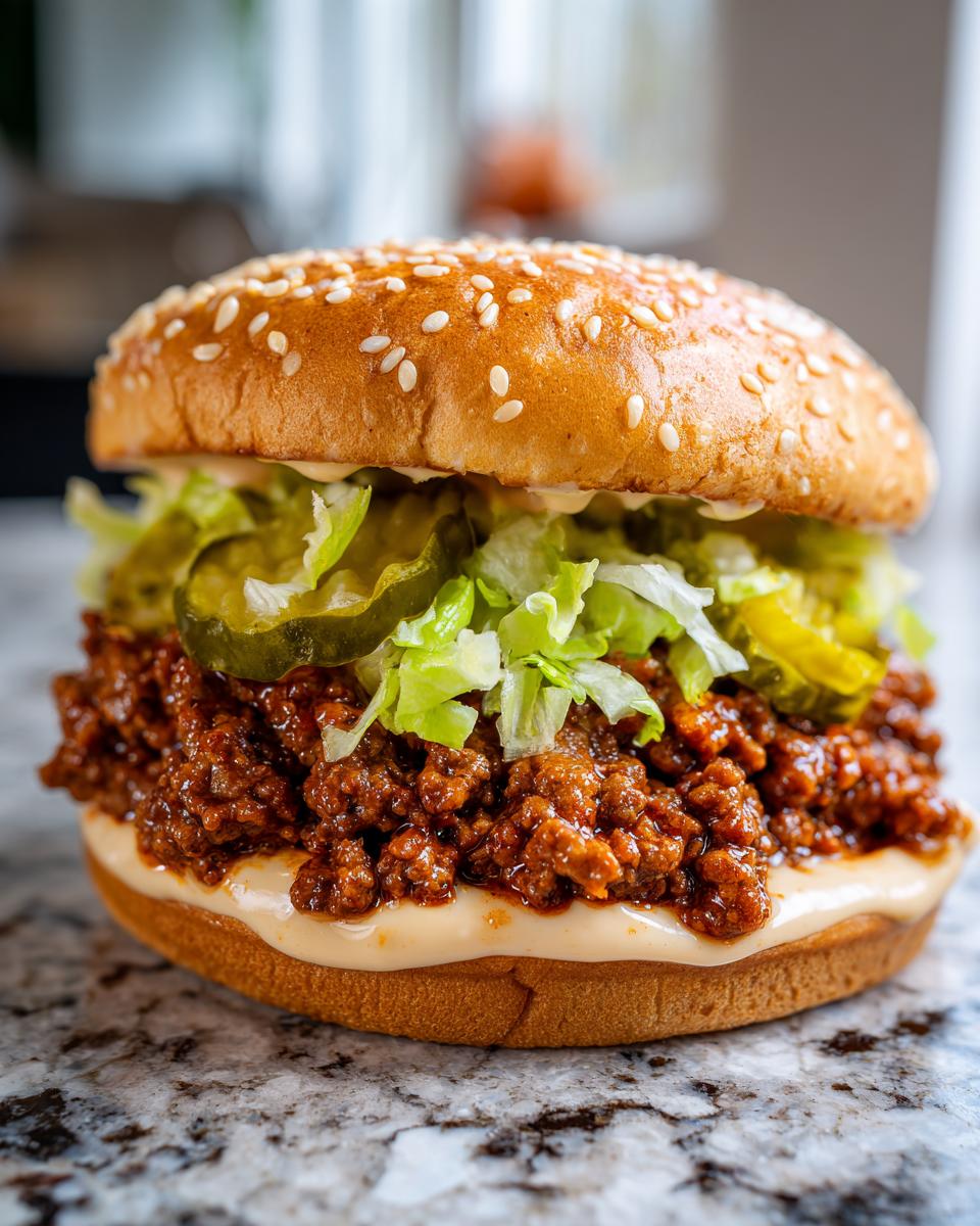 A close-up of a fully assembled big mac sloppy joes sandwich on a sesame seed bun with meat sauce, lettuce, and pickles.