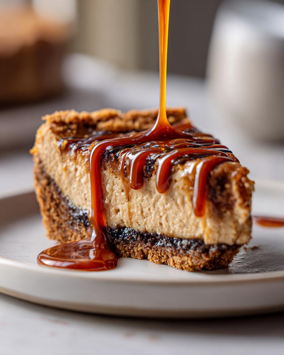 A slice of creamy biscoff cheesecake being generously drizzled with rich caramel sauce.