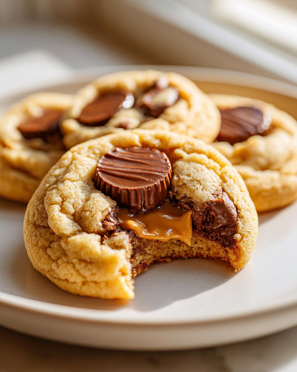 Close-up of peanut butter cup cookies, one bitten to show melted peanut butter filling.