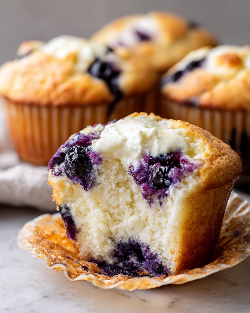 A bite taken out of a blueberry cream cheese muffin showing the moist interior and cream cheese filling.