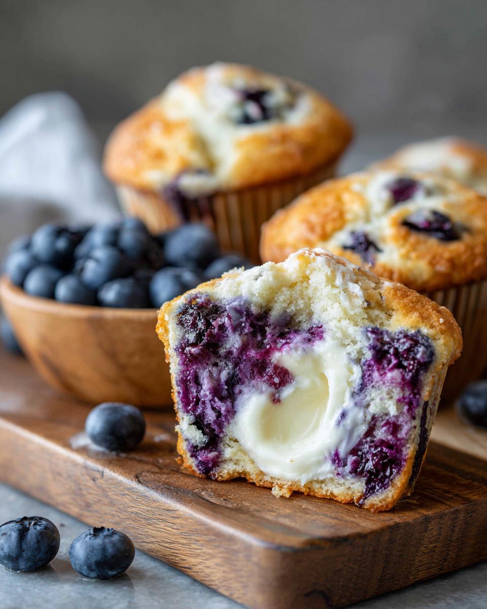 Close-up of a blueberry cream cheese muffin cut in half showing the creamy center and baked blueberries.