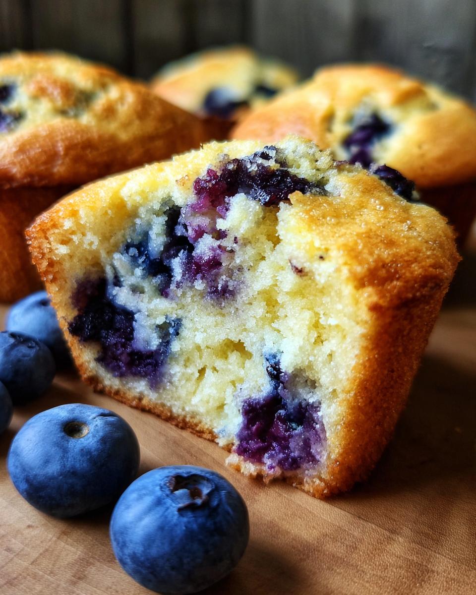 Close-up of a halved cream cheese muffin showing a moist, yellow crumb packed with juicy blueberries.