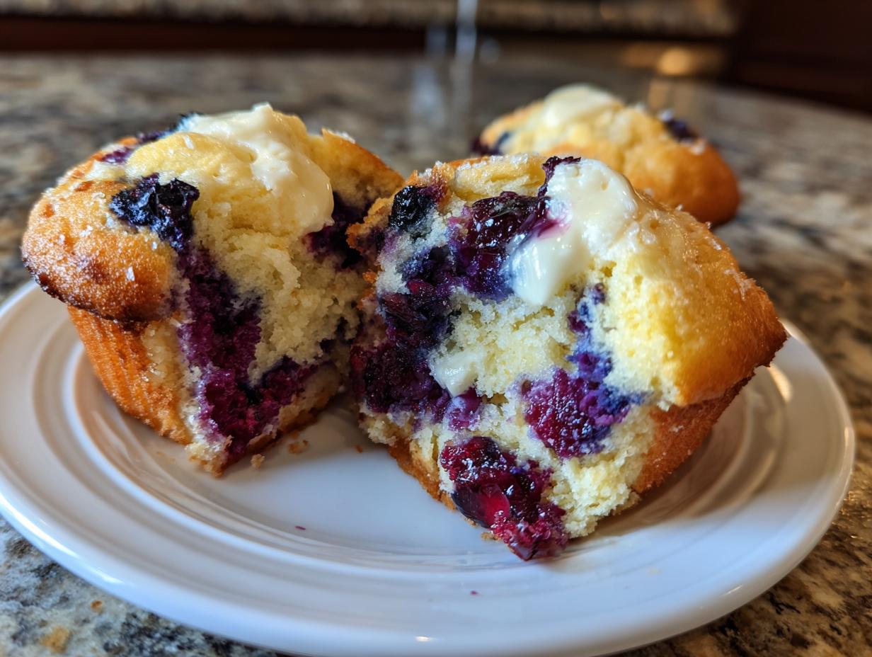 Close-up of a blueberry cream cheese muffin cut in half, showing the moist interior and cream cheese filling.