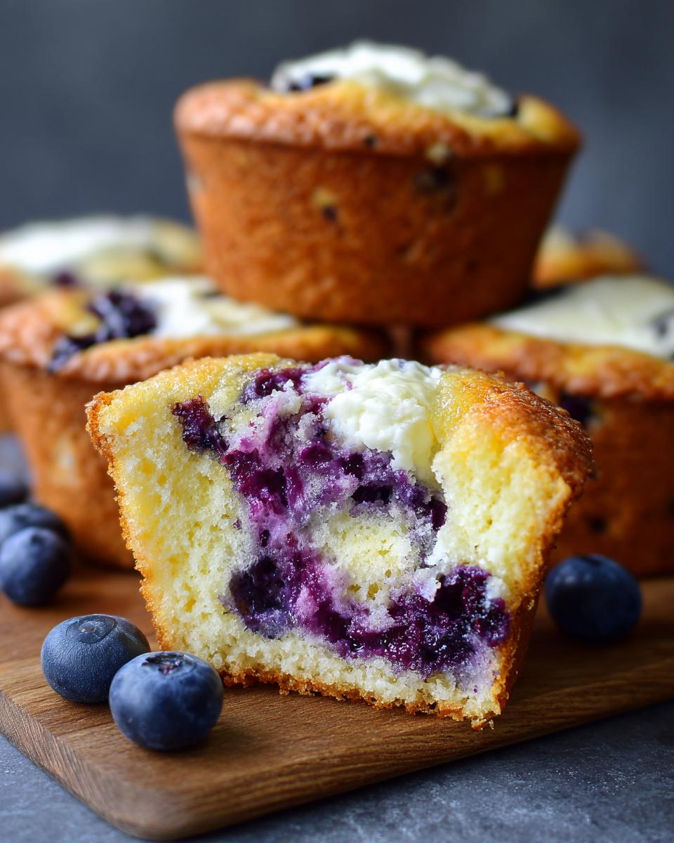 Close-up of a cream cheese muffin cut in half showing the moist interior, swirl of cream cheese, and burst blueberries.