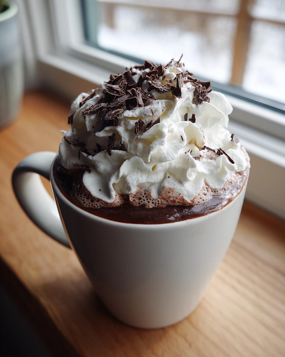 A mug of rich boozy hot chocolate topped with whipped cream and dark chocolate shavings.