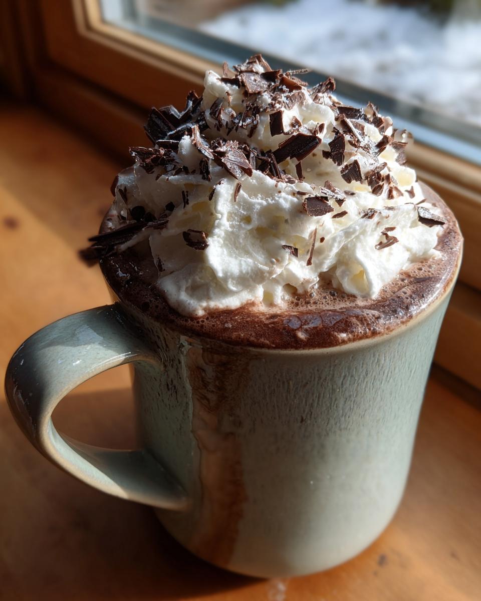 A rich boozy hot chocolate topped with whipped cream and dark chocolate shavings in a ceramic mug.