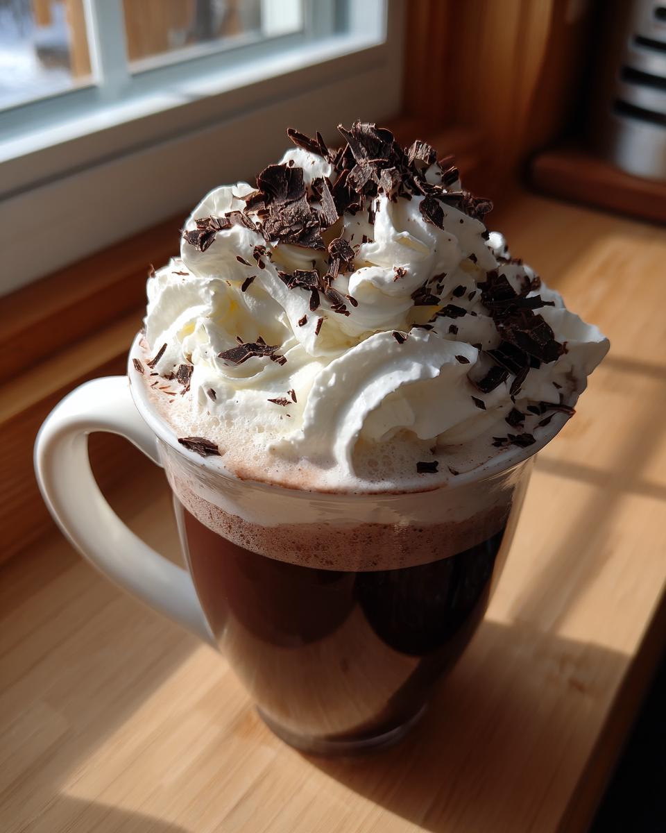 A mug of rich boozy hot chocolate topped high with whipped cream and dark chocolate shavings.