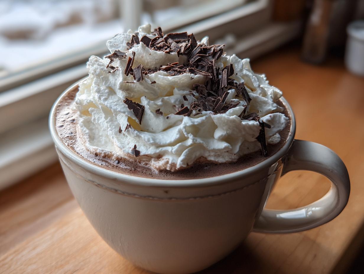 Close-up of a mug filled with boozy hot chocolate, topped high with whipped cream and dark chocolate shavings.