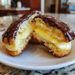 A boston cream pie cookie cut in half showing the thick vanilla cream filling and chocolate glaze.
