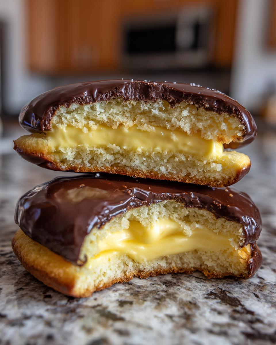Two halves of a boston cream pie cookies stacked, showing the vanilla cake, yellow cream filling, and chocolate glaze.