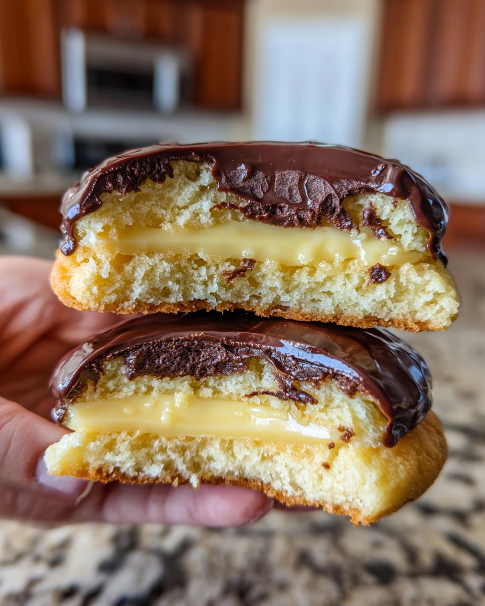 Close-up of boston cream pie cookies split in half showing vanilla filling and chocolate ganache.