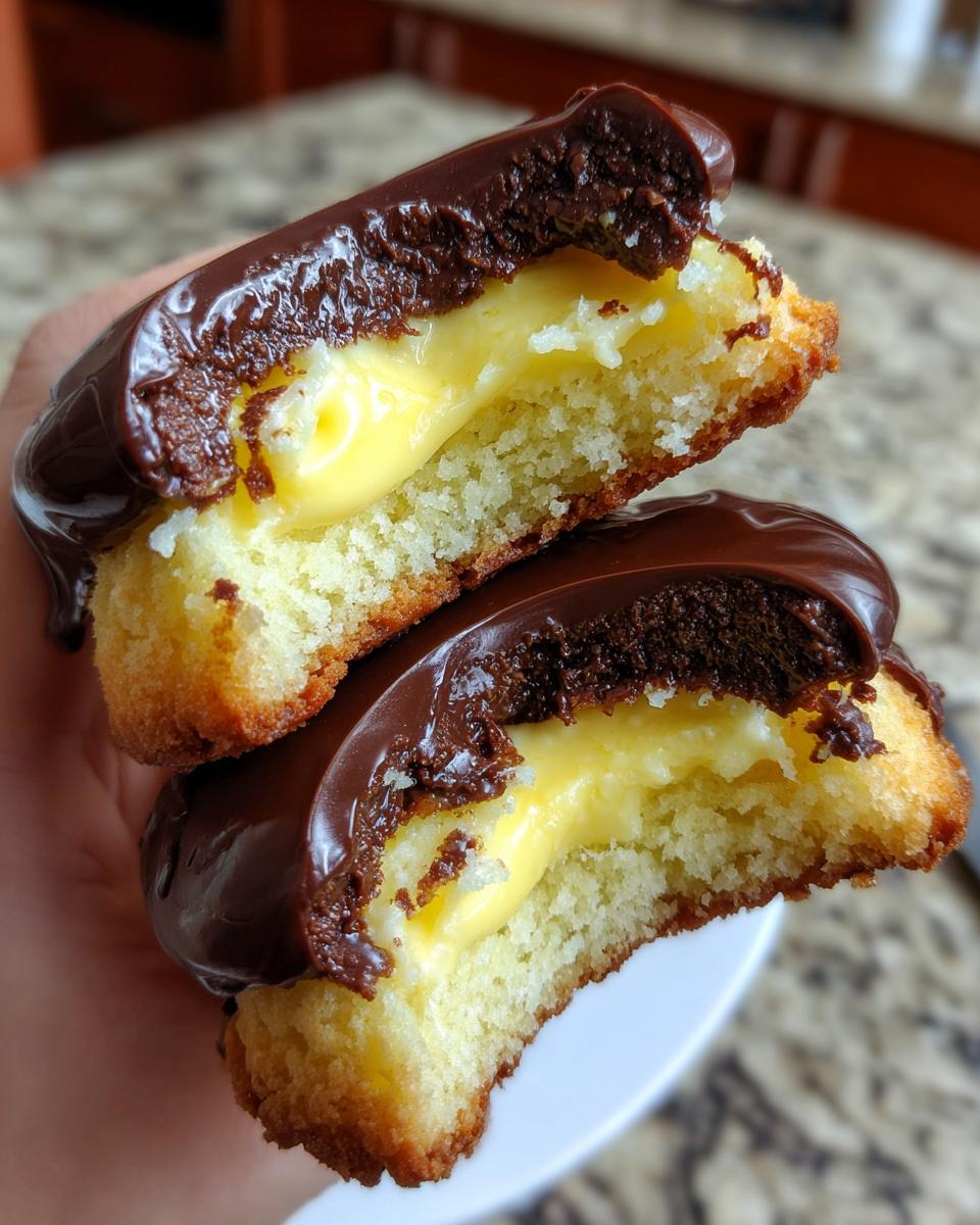 A close-up of boston cream pie cookies cut in half, showing the vanilla cake, yellow pastry cream, and chocolate glaze.