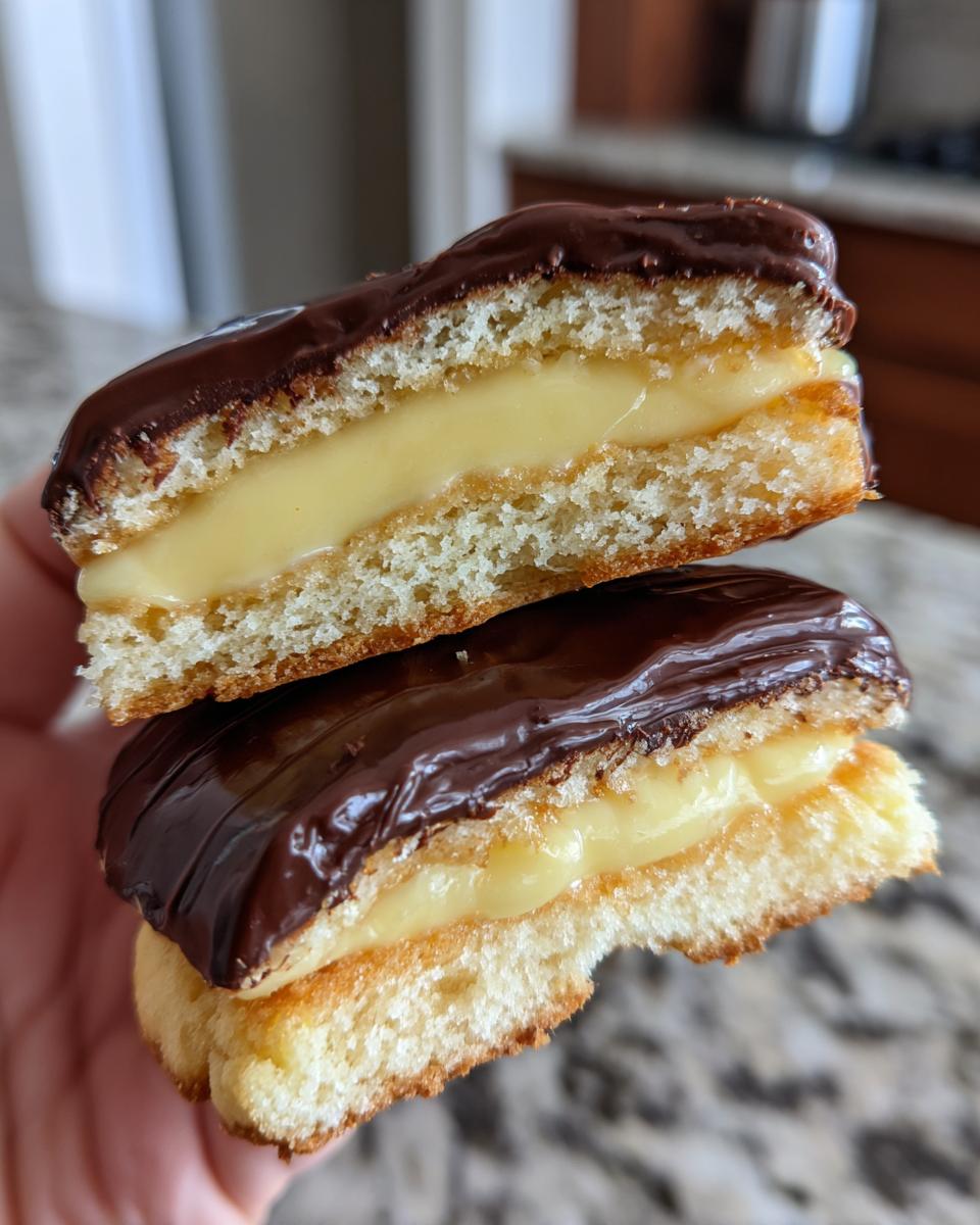 Close-up of two halves of a boston cream pie cookie showing cake, vanilla cream filling, and chocolate glaze.