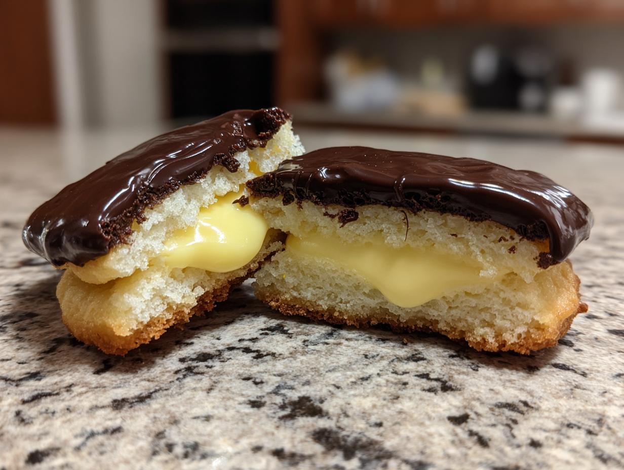 A close-up of boston cream pie cookies cut in half, revealing a thick vanilla custard filling and chocolate glaze.