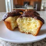 Close-up of boston cream pie cupcakes, one cut open revealing vanilla cream filling and topped with chocolate ganache.