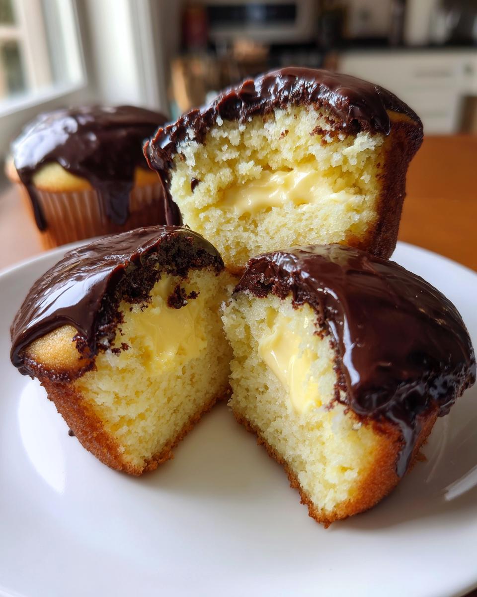 A boston cream pie cupcake cut in half showing the vanilla cake, creamy filling, and chocolate glaze.