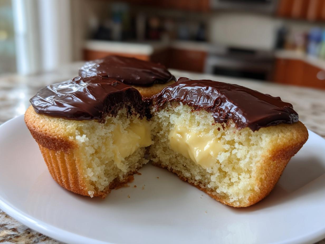 A boston cream pie cupcake cut in half showing the vanilla cake, creamy custard filling, and chocolate ganache topping.