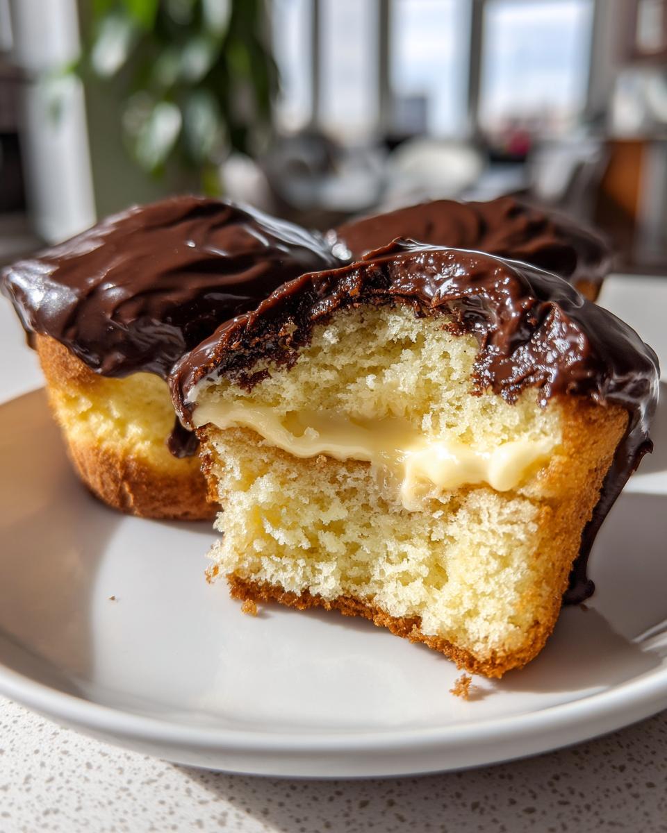 A close-up of a boston cream pie cupcake cut in half showing vanilla cake, cream filling, and chocolate ganache topping.
