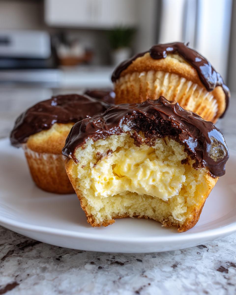 A close-up of a boston cream pie cupcakes cut in half showing the creamy vanilla filling and chocolate ganache topping.
