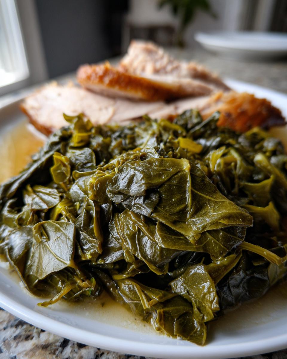 Close-up of tender, braised collard greens served alongside slices of roasted meat on a white plate.