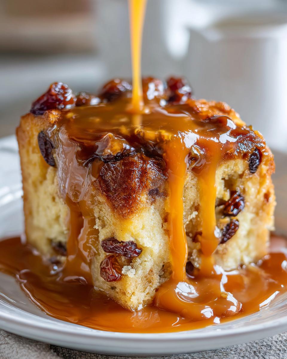 A slice of raisin bread pudding being generously covered with rich bourbon sauce being poured from above.