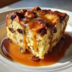 A close-up of a square slice of bread pudding with raisins, generously topped with rich bourbon sauce.