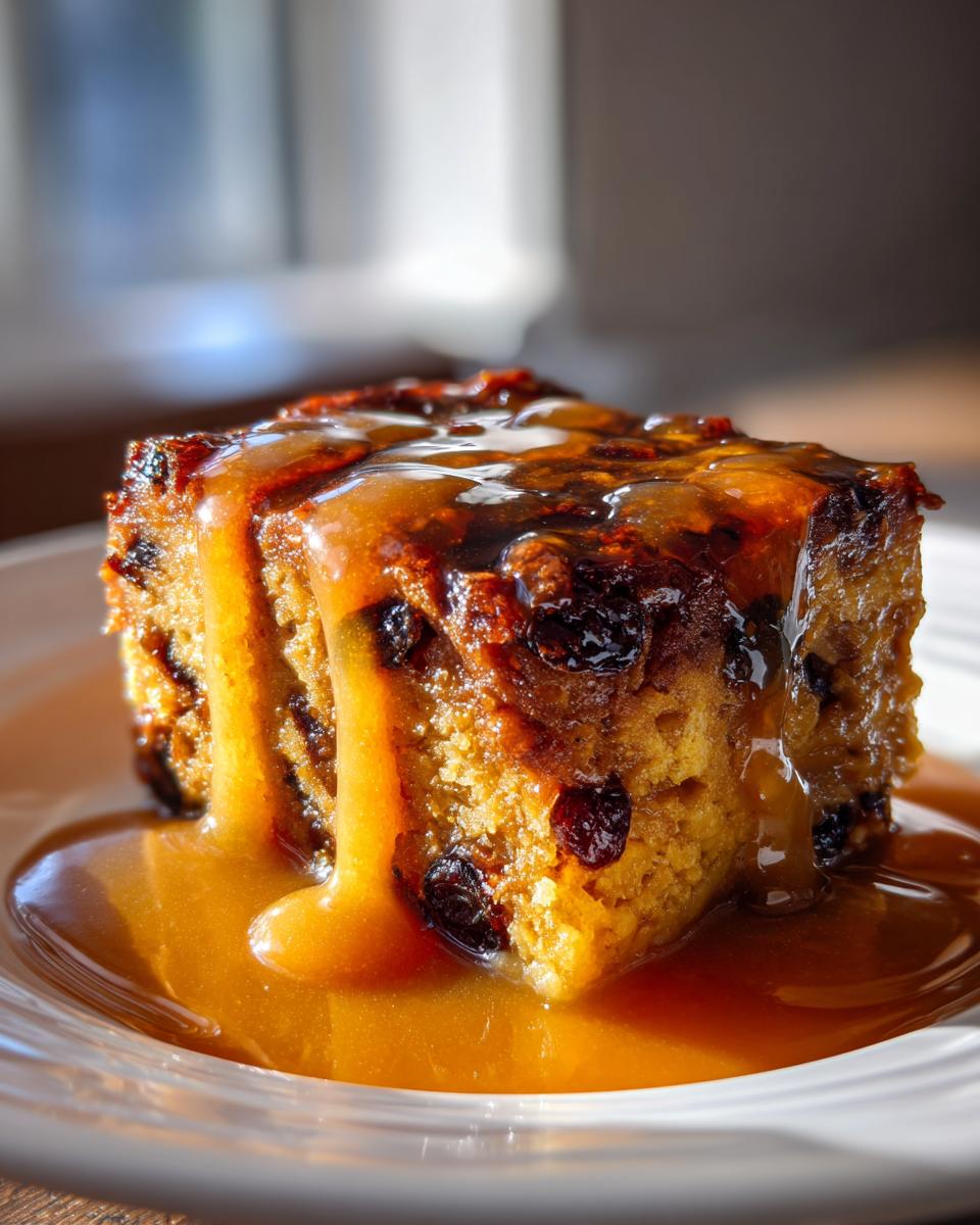 A close-up of a square slice of bread pudding with raisins, drenched in rich bourbon sauce.