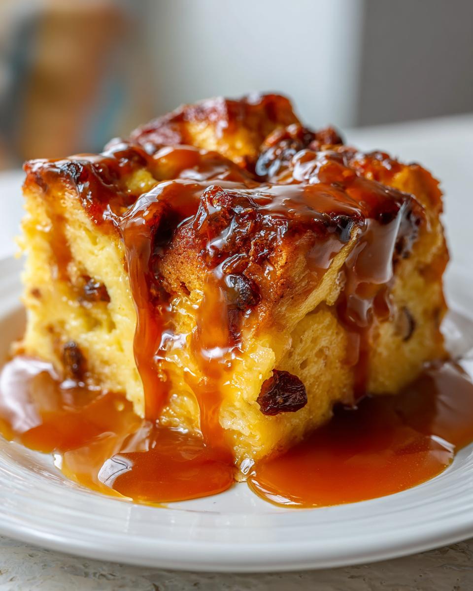 A close-up of a rich slice of bread pudding with bourbon sauce generously drizzled over it.