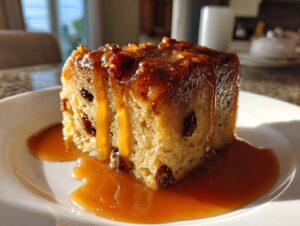 A square slice of rich bread pudding with raisins, generously covered in dripping bourbon sauce.