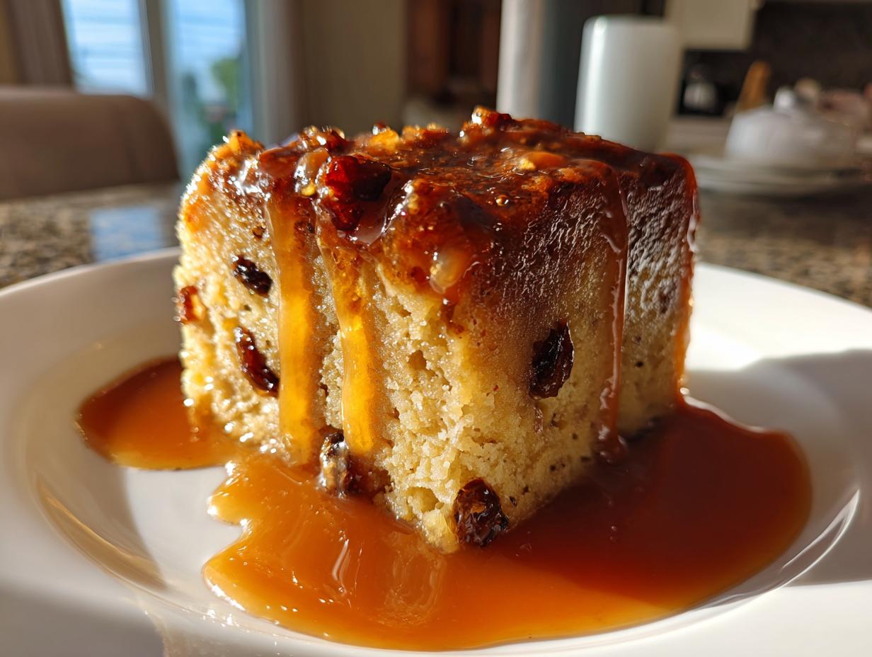 A square slice of rich bread pudding with raisins, generously covered in dripping bourbon sauce.