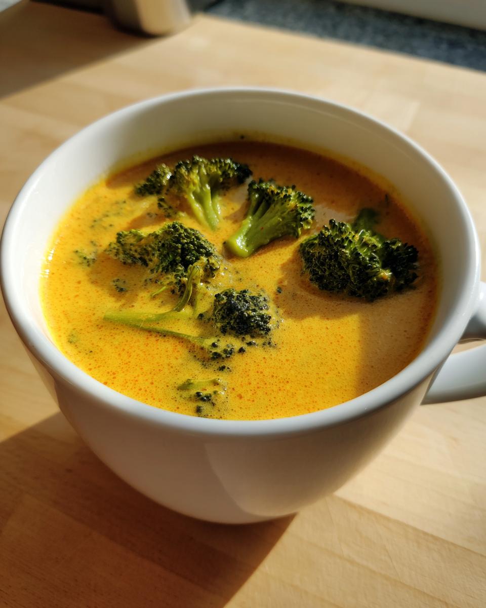 A close-up of vibrant, creamy orange broccoli cheddar soup topped with fresh broccoli florets, served in a white mug.