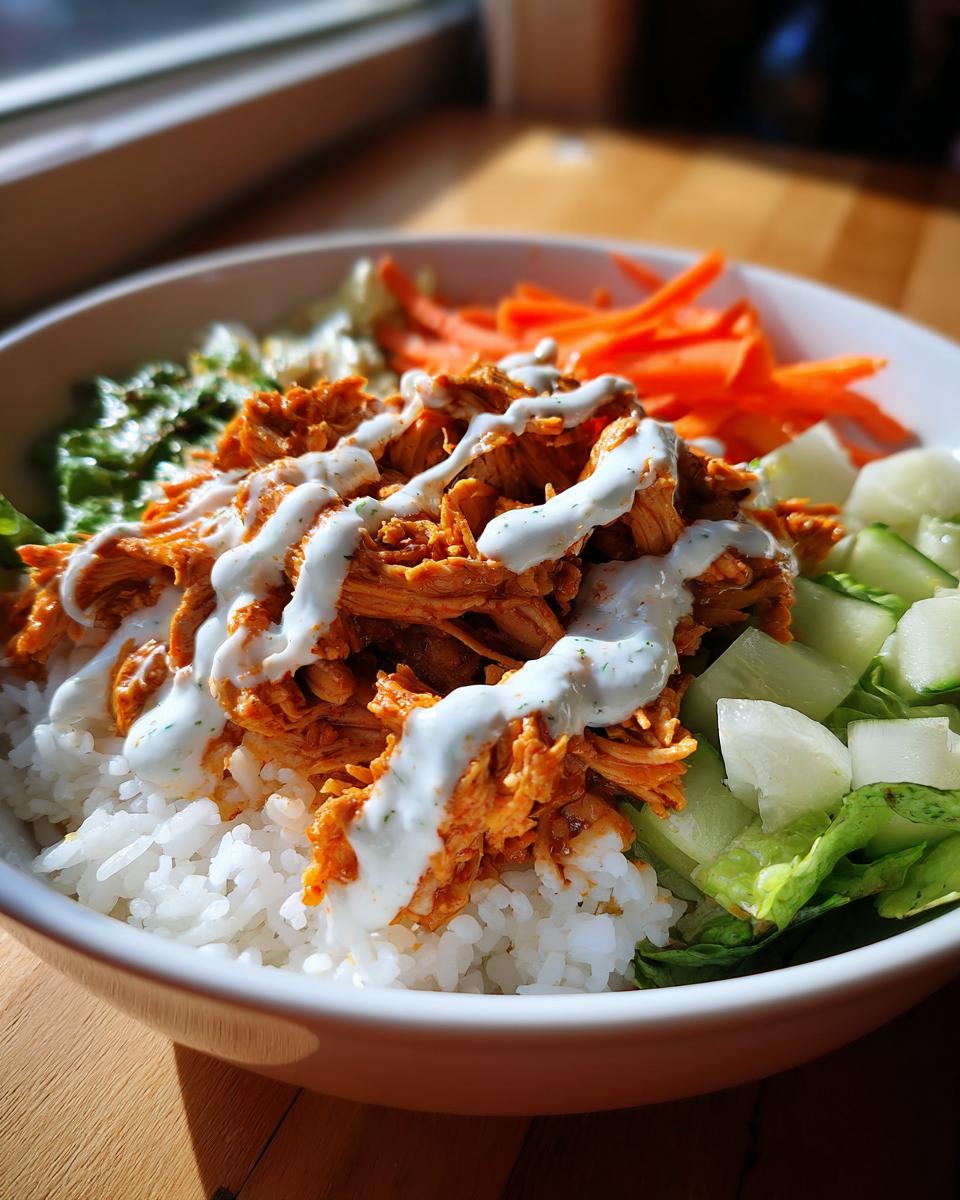 A close-up of a buffalo chicken bowl featuring shredded buffalo chicken over rice, topped with ranch dressing, carrots, and cucumber.