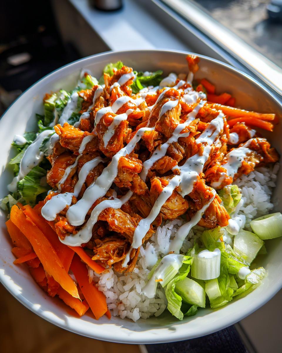 Close-up of a vibrant buffalo chicken bowl featuring saucy chicken, white rice, carrots, lettuce, and a generous ranch drizzle.