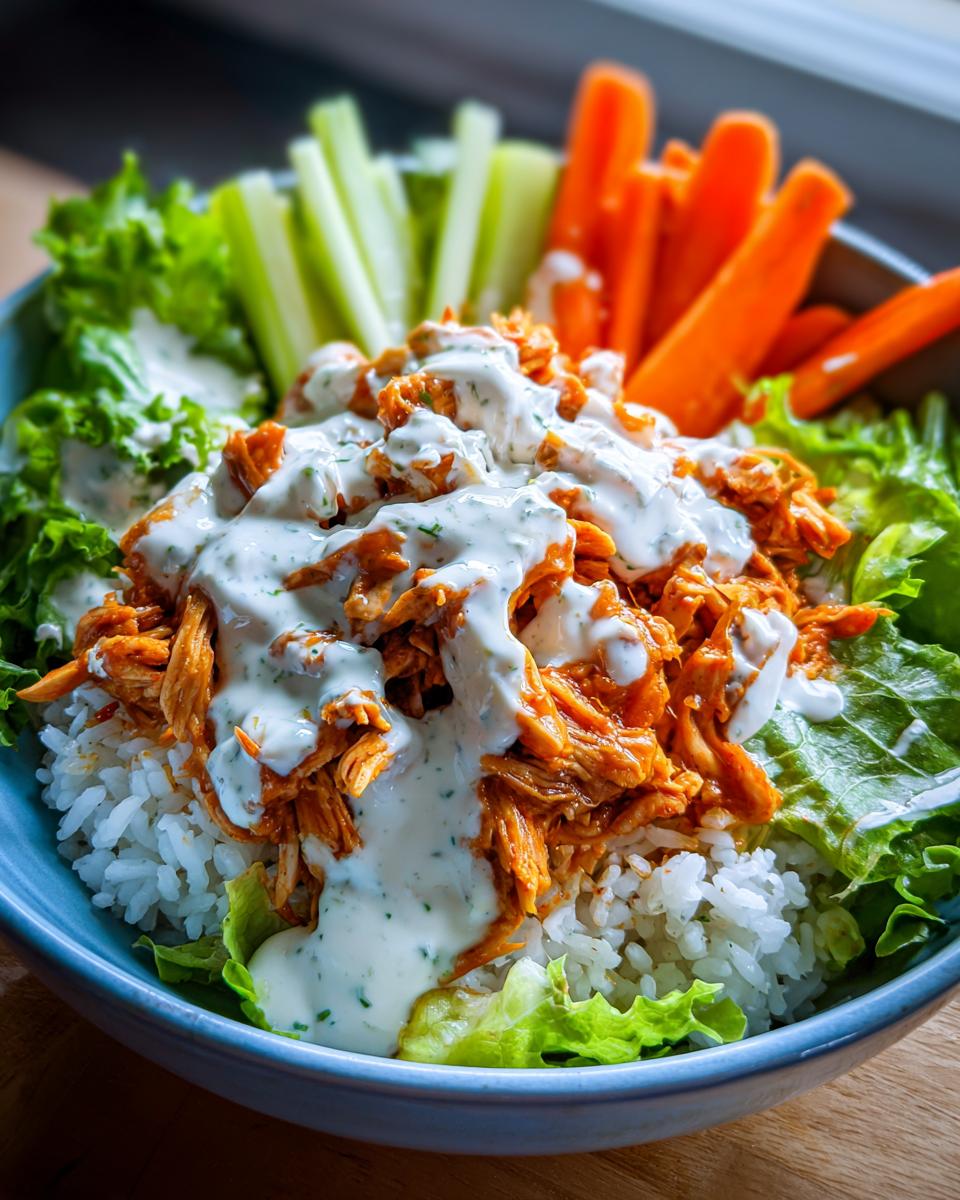Close-up of a vibrant buffalo chicken bowl featuring shredded buffalo chicken, white rice, lettuce, and a generous drizzle of ranch dressing.