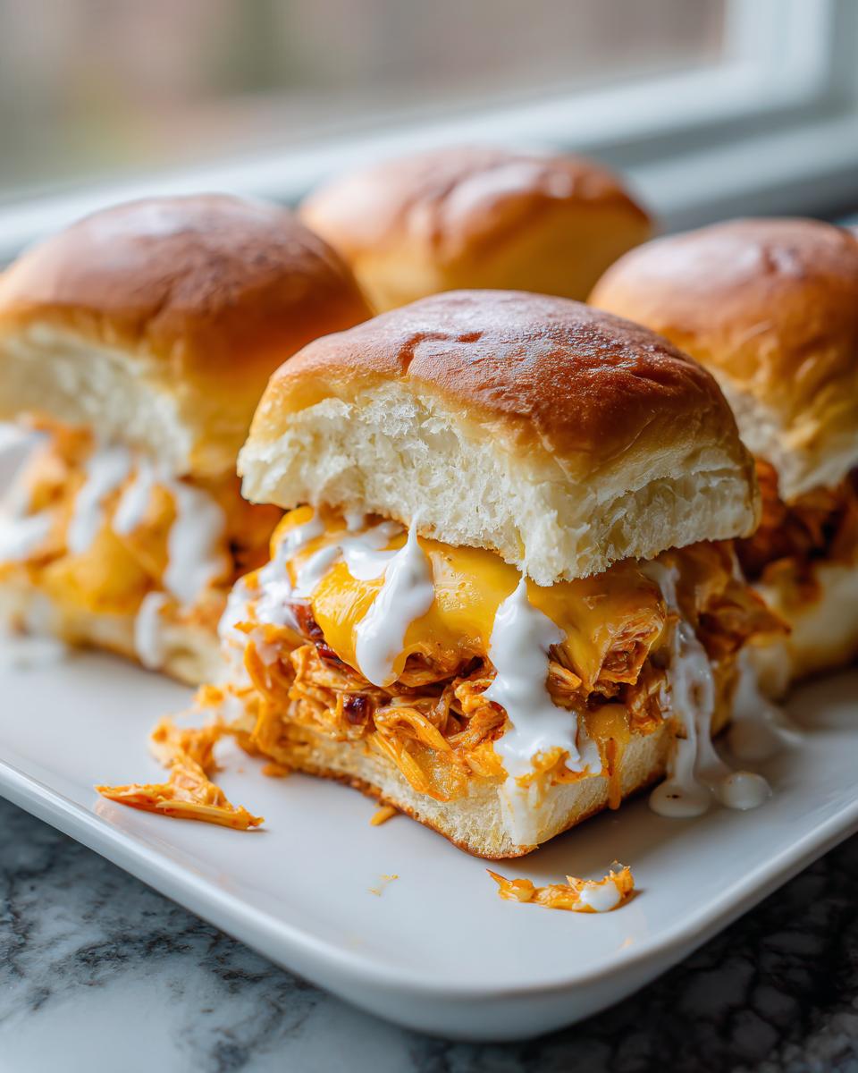 Close-up of delicious buffalo chicken sliders topped with melted cheddar and ranch dressing on soft rolls.