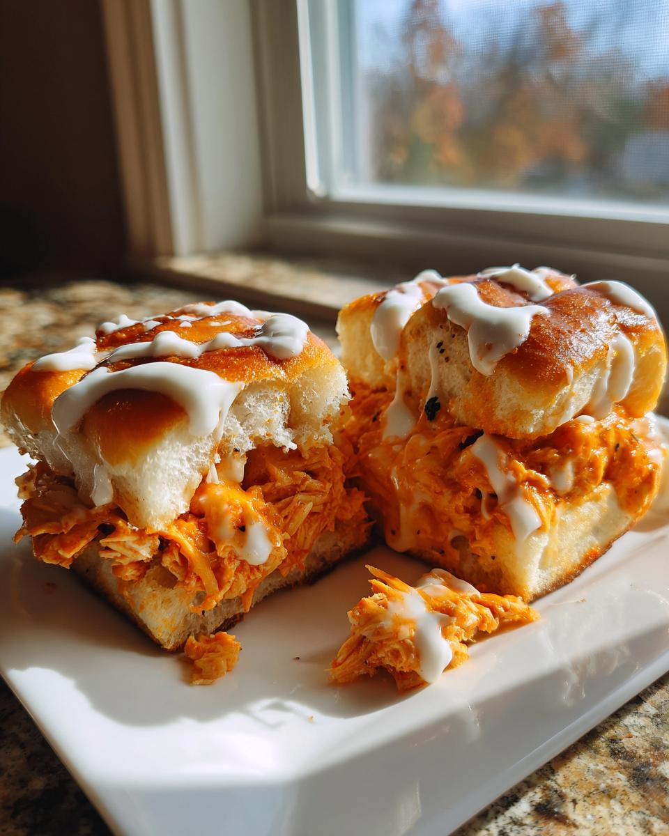 Two halves of buffalo chicken sliders filled with shredded orange chicken and topped with a white ranch or blue cheese drizzle.