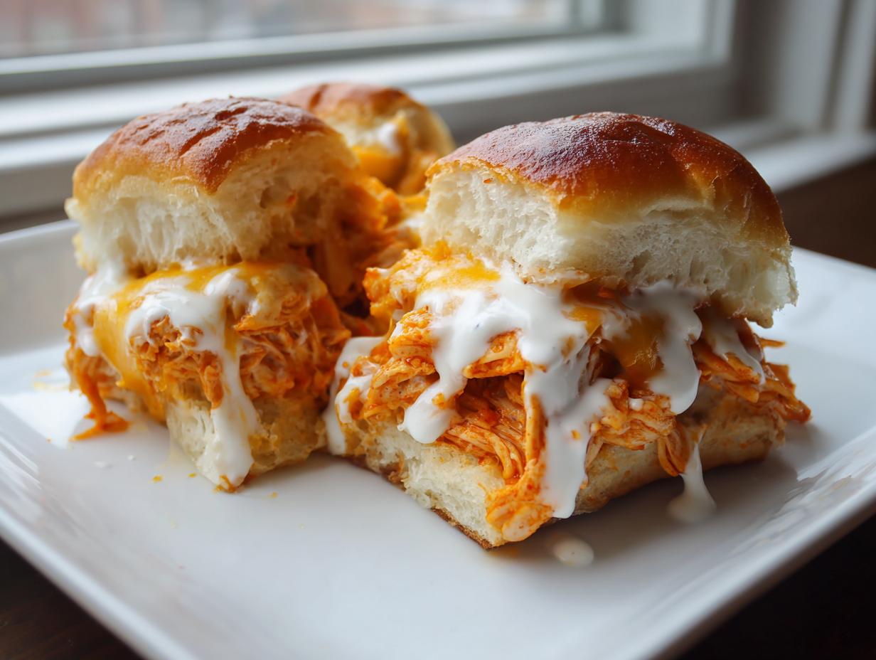 Close-up of delicious buffalo chicken sliders loaded with shredded chicken, melted cheese, and ranch dressing.