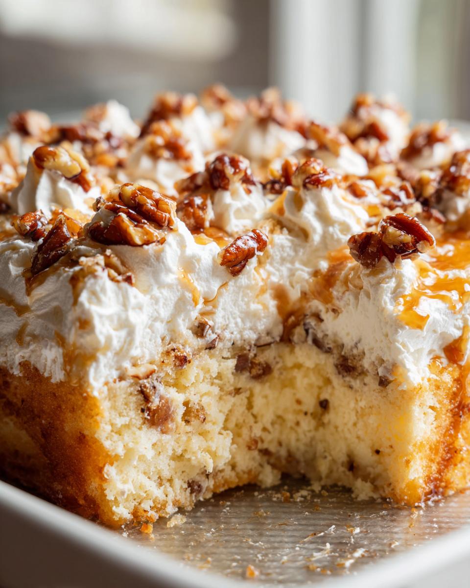 A close-up shot showing a piece removed from the butter pecan praline poke cake, revealing the moist interior topped with whipped cream and pecans.