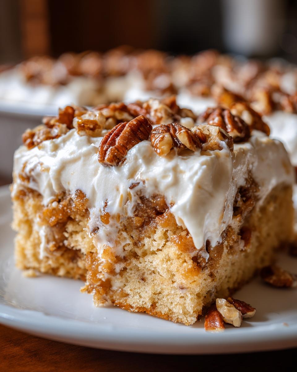 Close-up of a moist slice of butter pecan praline poke cake topped with thick white frosting and whole pecans.