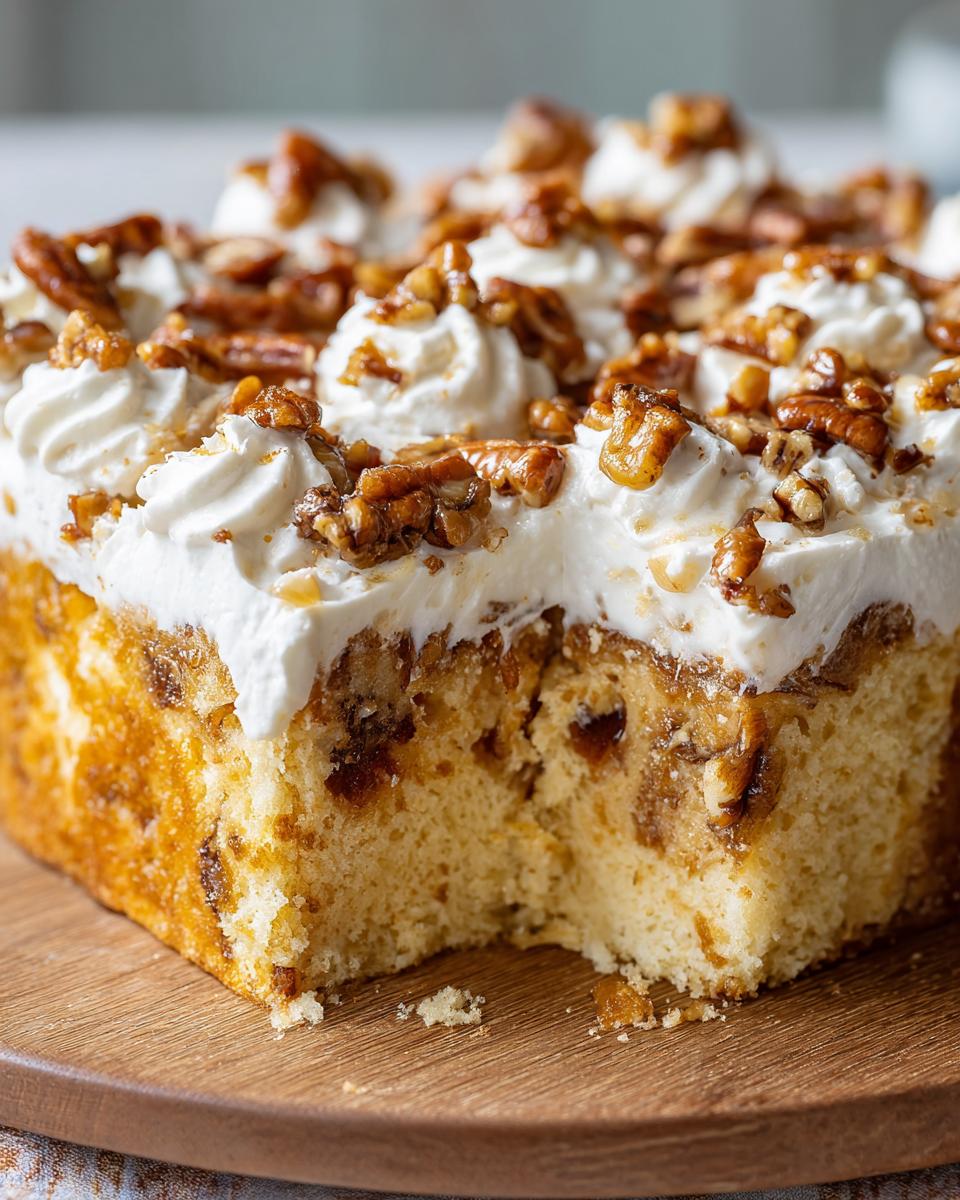 A close-up of a slice of butter pecan praline poke cake showing the moist interior, whipped topping, and candied pecans.