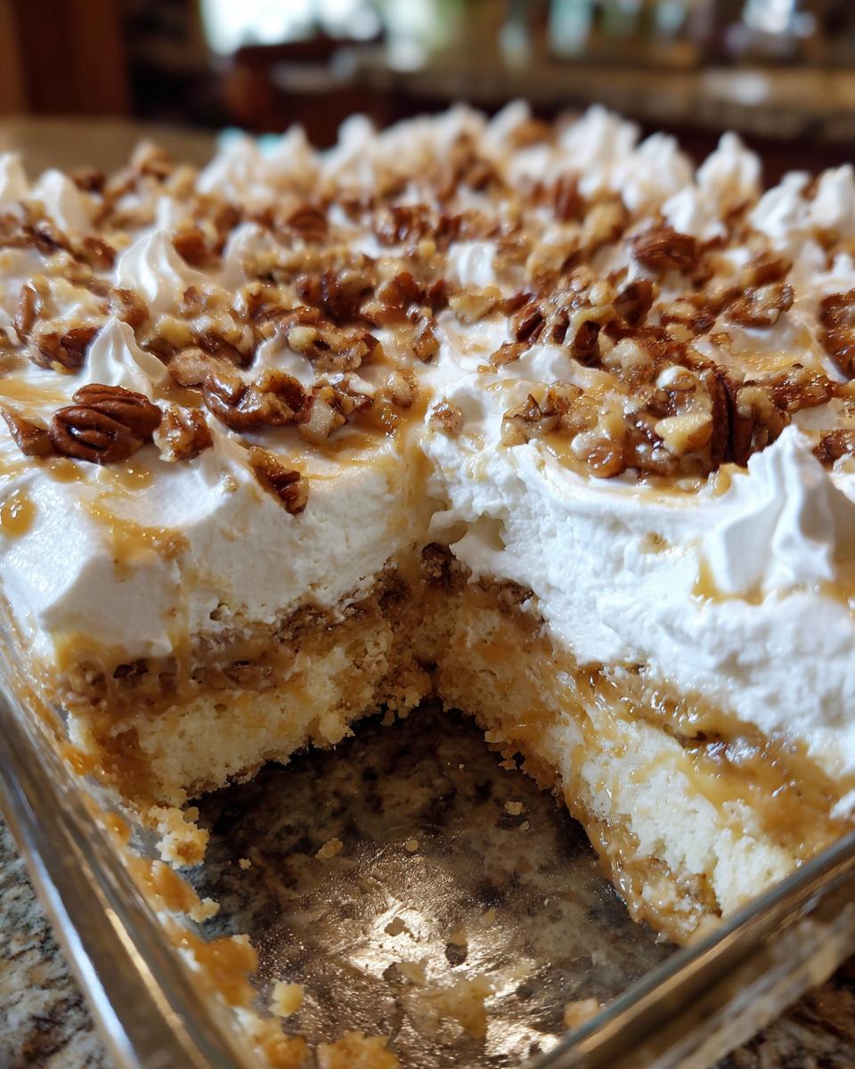 Close-up of a butter pecan praline poke cake in a glass dish with a piece removed, showing layers of cake, filling, and whipped topping.