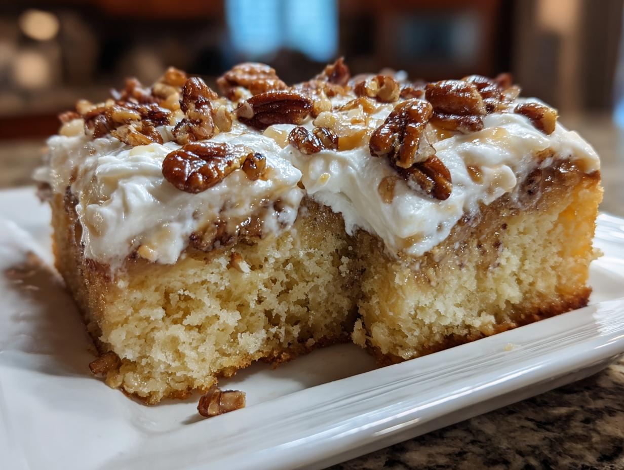 Close-up of a moist slice of butter pecan praline poke cake topped with thick white frosting and candied pecans.