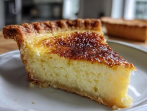 Close-up of a slice of buttermilk pie showing the creamy yellow filling and deeply caramelized top crust.